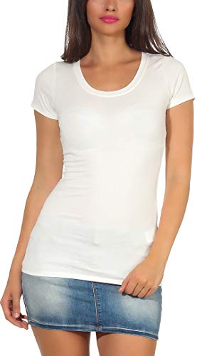Jela London Damen Basic Longshirt T Shirt lang Stretch Rundhals Kurzarm einfarbig, Creme Elfenbein 40-42 (XXL) von Jela London
