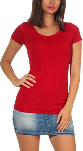 Jela London Damen Basic Longshirt T Shirt lang Stretch Rundhals Kurzarm einfarbig, Dunkelrot Bordeaux Weinrot 36-38 (L) von Jela London