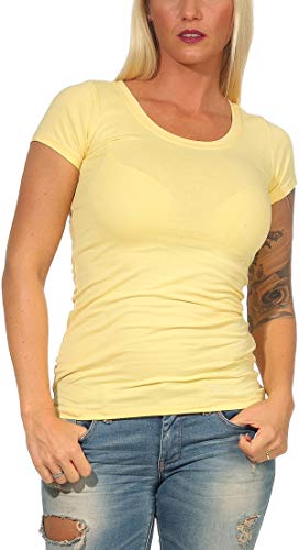 Jela London Damen Basic Longshirt T Shirt lang Stretch Rundhals Kurzarm einfarbig, Gelb 72, 34-36 (M) von Jela London