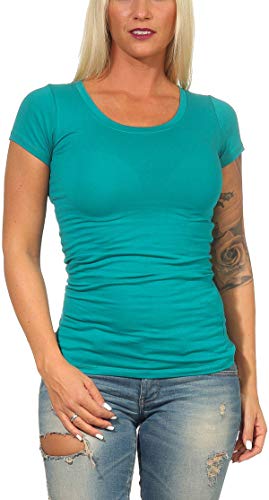 Jela London Damen Basic Longshirt T Shirt lang Stretch Rundhals Kurzarm einfarbig, Grün 133, 36-38 (L) von Jela London