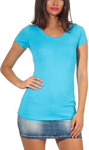 Jela London Damen Basic Longshirt T Shirt lang Stretch Rundhals Kurzarm einfarbig, Hellblau 34-36 (M) von Jela London