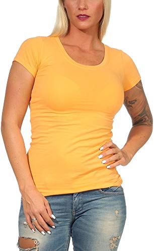 Jela London Damen Basic Longshirt T Shirt lang Stretch Rundhals Kurzarm einfarbig, Orange 40, 34-36 (M) von Jela London