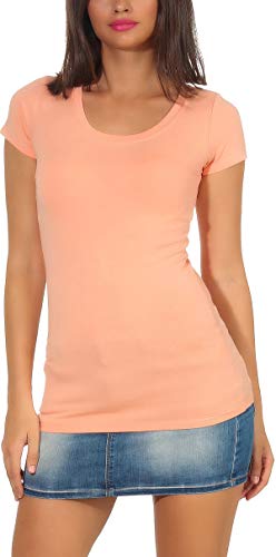 Jela London Damen Basic Longshirt T Shirt lang Stretch Rundhals Kurzarm einfarbig, Pfirsisch Aprikot 34-36 (M) von Jela London