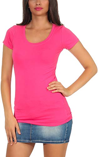 Jela London Damen Basic Longshirt T Shirt lang Stretch Rundhals Kurzarm einfarbig, Pink 34-36 (M) von Jela London