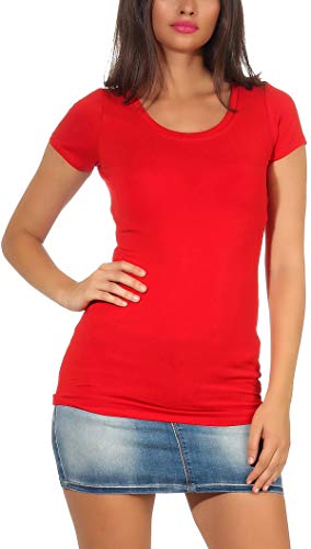 Jela London Damen Basic Longshirt T Shirt lang Stretch Rundhals Kurzarm einfarbig, Rot 36-38 (L) von Jela London