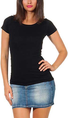 Jela London Damen Basic Longshirt T Shirt lang Stretch Rundhals Kurzarm einfarbig, Schwarz 34-36 (M) von Jela London
