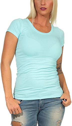 Jela London Damen Basic Longshirt T Shirt lang Stretch Rundhals Kurzarm einfarbig, Türkis 30, 36-38 (L) von Jela London