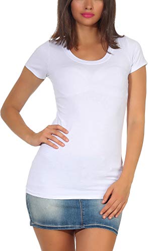 Jela London Damen Basic Longshirt T Shirt lang Stretch Rundhals Kurzarm einfarbig, Weiß 34-36 (M) von Jela London
