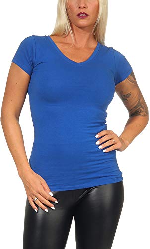 Jela London Damen Basic Longshirt T Shirt lang Stretch V-Ausschnitt Kurzarm einfarbig, Blau 127, 34-36 (M) von Jela London