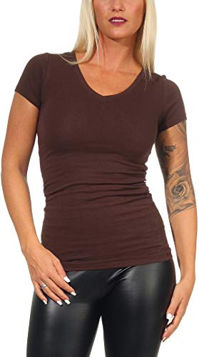 Jela London Damen Basic Longshirt T Shirt lang Stretch V-Ausschnitt Kurzarm einfarbig, Braun 139, 34-36 (M) von Jela London