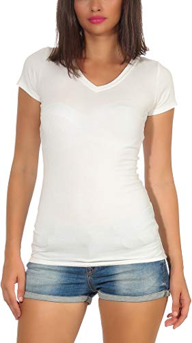 Jela London Damen Basic Longshirt T Shirt lang Stretch V-Ausschnitt Kurzarm einfarbig, Creme Elfenbein 38-40 (XL) von Jela London