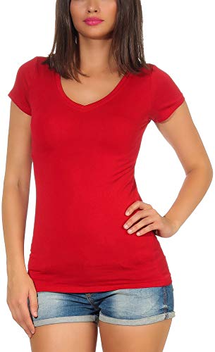 Jela London Damen Basic Longshirt T Shirt lang Stretch V-Ausschnitt Kurzarm einfarbig, Dunkelrot Bordeaux Weinrot 34-36 (M) von Jela London