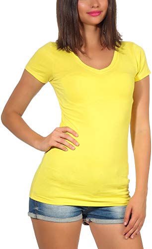 Jela London Damen Basic Longshirt T Shirt lang Stretch V-Ausschnitt Kurzarm einfarbig, Gelb 34-36 (M) von Jela London