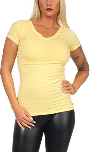 Jela London Damen Basic Longshirt T Shirt lang Stretch V-Ausschnitt Kurzarm einfarbig, Gelb 72, 34-36 (M) von Jela London