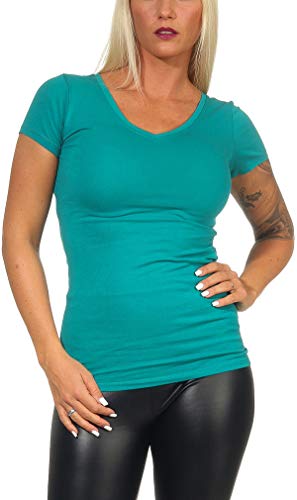 Jela London Damen Basic Longshirt T Shirt lang Stretch V-Ausschnitt Kurzarm einfarbig, Grün 133, 34-36 (M) von Jela London