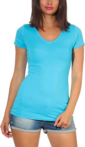 Jela London Damen Basic Longshirt T Shirt lang Stretch V-Ausschnitt Kurzarm einfarbig, Hellblau 34-36 (M) von Jela London