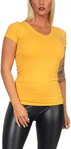 Jela London Damen Basic Longshirt T Shirt lang Stretch V-Ausschnitt Kurzarm einfarbig, Ocker 70, 36-38 (L) von Jela London