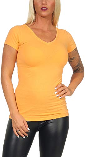 Jela London Damen Basic Longshirt T Shirt lang Stretch V-Ausschnitt Kurzarm einfarbig, Orange 40, 34-36 (M) von Jela London