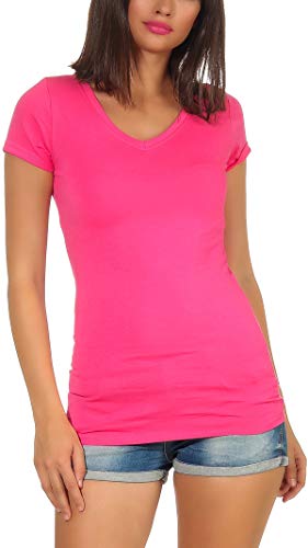 Jela London Damen Basic Longshirt T Shirt lang Stretch V-Ausschnitt Kurzarm einfarbig, Pink 34-36 (M) von Jela London