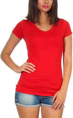 Jela London Damen Basic Longshirt T Shirt lang Stretch V-Ausschnitt Kurzarm einfarbig, Rot 34-36 (M) von Jela London