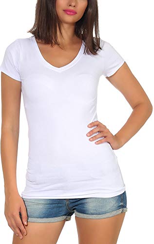 Jela London Damen Basic Longshirt T Shirt lang Stretch V-Ausschnitt Kurzarm einfarbig, Weiß 34-36 (M) von Jela London