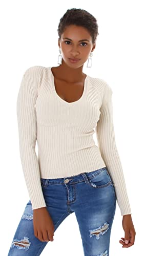 Jela London Damen Pullover kurz V-Ausschnitt Langarm Slim Stretch, Beige von Jela London