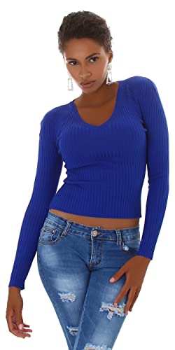 Jela London Damen Pullover kurz V-Ausschnitt Langarm Slim Stretch, Blue von Jela London