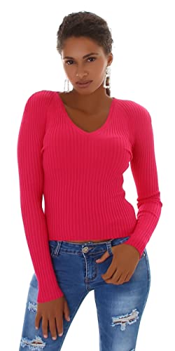 Jela London Damen Pullover kurz V-Ausschnitt Langarm Slim Stretch, Pink von Jela London