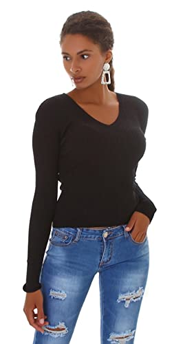 Jela London Damen Pullover kurz V-Ausschnitt Langarm Slim Stretch, Schwarz von Jela London