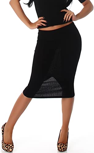 Jela London Damen Midi-Rock Knielang Feinripp Streifen transparent Stretch Beinschlitz, Schwarz 34 (36) von Jela London