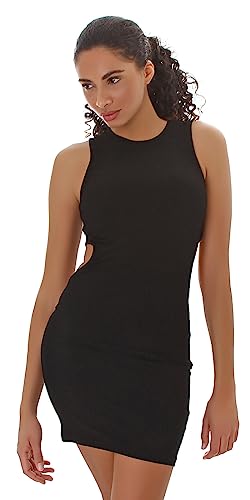 Jela London Damen Mini Kleid Cut-Out Feinripp Stretch Bodycon dünn leicht, Black 34 (Label S) von Jela London
