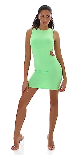 Jela London Damen Mini Kleid Cut-Out Feinripp Stretch Bodycon dünn leicht, Light-Green 34 (Label S) von Jela London