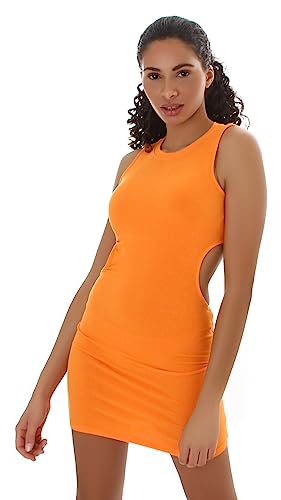 Jela London Damen Mini Kleid Cut-Out Feinripp Stretch Bodycon dünn leicht, Orange 36 (Label M) von Jela London