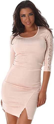 Jela London Damen Minikleid Stretch Spitzen-Einsatz Rundhals kurz Bodycon Beinschlitz, Rosa 38 (40) von Jela London