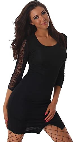 Jela London Damen Minikleid Stretch Spitzen-Einsatz Rundhals kurz Bodycon Beinschlitz, Schwarz 36 (38) von Jela London
