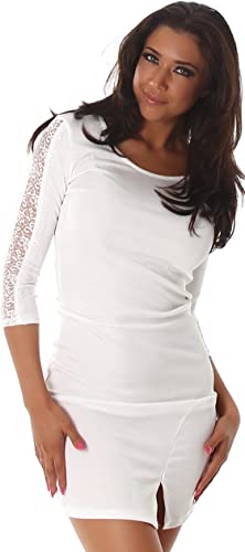 Jela London Damen Minikleid Stretch Spitzen-Einsatz Rundhals kurz Bodycon Beinschlitz, Weiß 34 (36) von Jela London