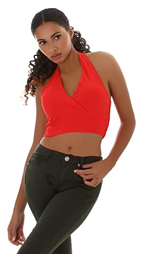 Jela London Damen Neckholder Crop Top Stretch Feinripp bauchfrei Diamant V Ausschnitt einfarbig, 112 Rot L von Jela London