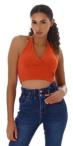 Jela London Damen Neckholder Crop Top Stretch Feinripp bauchfrei Diamant V Ausschnitt einfarbig, 112 Rusty-Orange M von Jela London