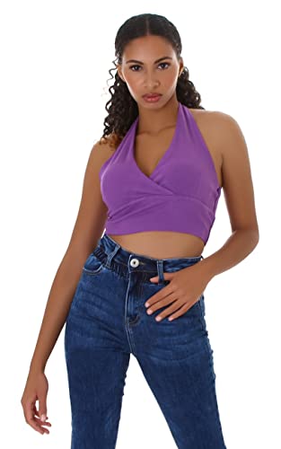 Jela London Damen Neckholder Crop Top Stretch Feinripp bauchfrei Diamant V Ausschnitt einfarbig, 112 Violett S von Jela London