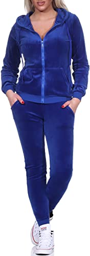 Jela London Damen Nicki Hausanzug Jogginganzug Velour Samt Jogging Freizeit Hose Kapuzen Jacke, Blau, 34-36 (S) von Jela London