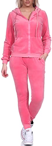 Jela London Damen Nicki Hausanzug Jogginganzug Velour Samt Jogging Freizeit Hose Kapuzen Jacke, Dunkelrosa, 36-38 (M) von Jela London