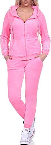 Jela London Damen Nicki Hausanzug Jogginganzug Velour Samt Jogging Freizeit Hose Kapuzen Jacke, Neon Rosa, 34-36 (S) von Jela London