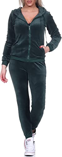 Jela London Damen Nicki Hausanzug Jogginganzug Velour Samt Jogging Freizeit Hose Kapuzen Jacke, Olive Grün, 38-40 (L) von Jela London