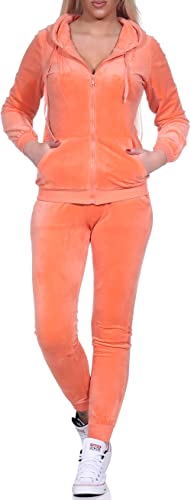 Jela London Damen Nicki Hausanzug Jogginganzug Velour Samt Jogging Freizeit Hose Kapuzen Jacke, Hellorange Apricot, 36-38 (M) von Jela London