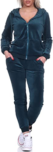 Jela London Damen Nicki Hausanzug Jogginganzug Velour Samt Jogging Freizeit Hose Kapuzen Jacke, Tannengrün, 38-40 (L) von Jela London