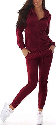 Jela London Damen Nicki Hausanzug Jogginganzug Velour Samt Jogging Freizeit Hose Kapuzen Jacke, Weinrot, 34-36 (S) von Jela London