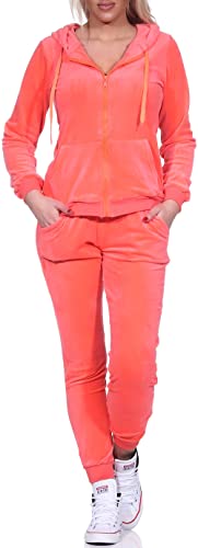 Jela London Damen Nicki Hausanzug Jogginganzug Velour Samt Jogging Freizeit Hose Kapuzen Jacke, Neon Apricot, 36-38 (M) von Jela London