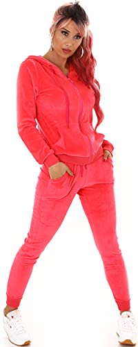 Jela London Damen Nicki Hausanzug Jogginganzug Velour Samt Jogging Freizeit Hose Kapuzen Jacke, Neon-Pink, 36-38 (M) von Jela London