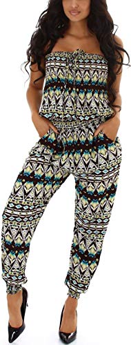 Jela London Damen Overall Bandeau Onesie Jumpsuit luftig leicht Musterung, Braun Türkis von Jela London