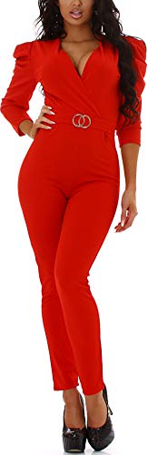 Jela London Damen Overall Onesie Jumpsuit Raffung Gürtel V-Ausschnitt Langarm, Rot von Jela London